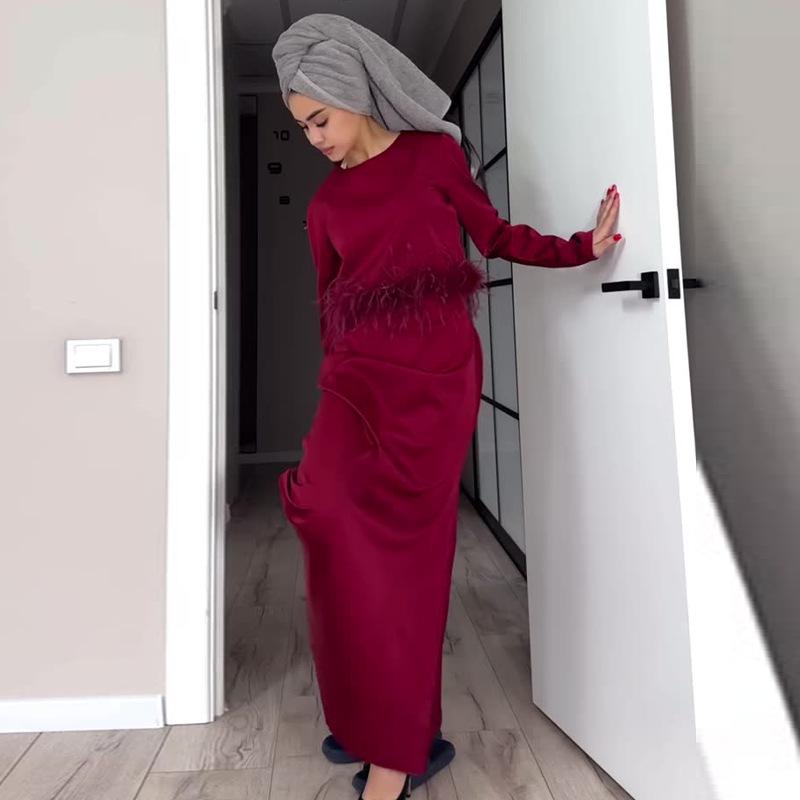 2024 Autumn Women's Slim Spaghetti Strap Long Dress with Feather Patchwork Short Cardigan Set