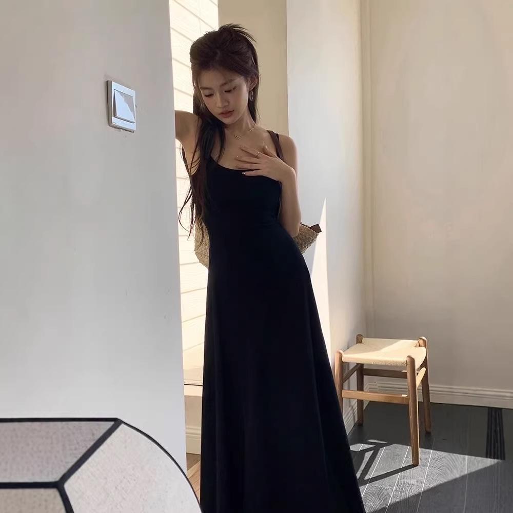 Spicy Girl Solid Color High-Waisted Spaghetti Strap Off-Shoulder Knee-Length Slimming Summer Dress