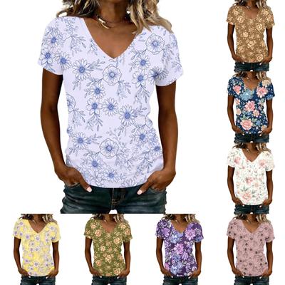 Damen V-Ausschnitt Kurzarm Blumenprint T-Shirt Lässiger Lockerer Sitz Leichtes Weiches Stoff Oberteil für Tägliches Tragen Büro Reisen