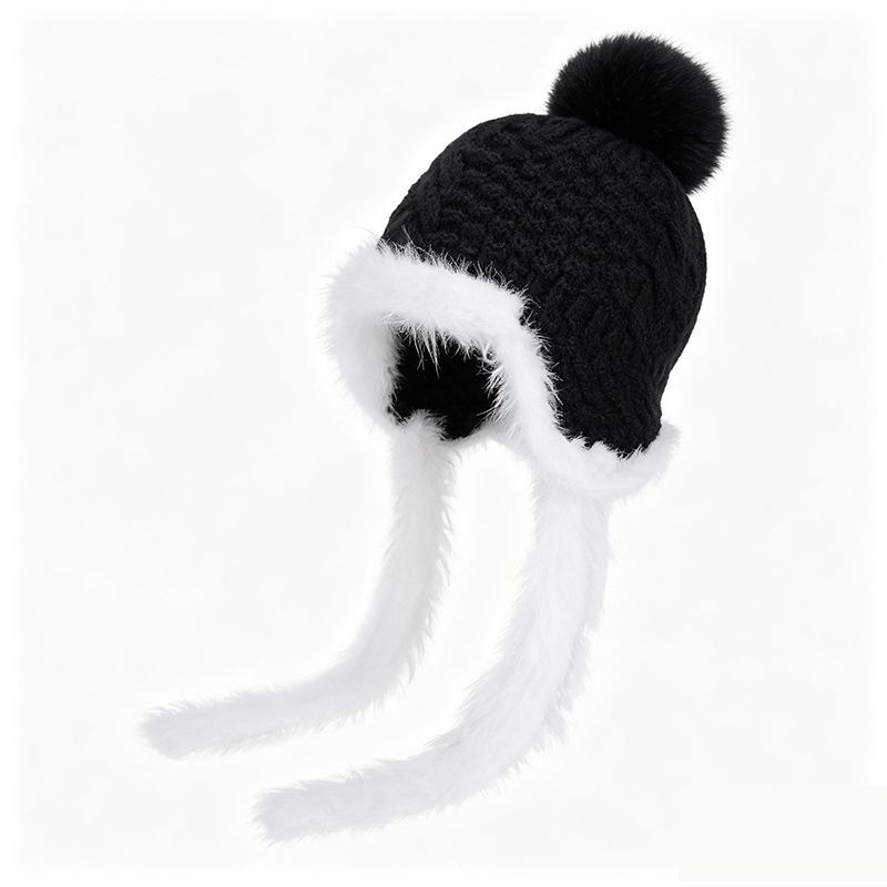 Winter outdoor warm ear protection pullover wool hat women's fashion versatile plush hairball knitted Lei Feng hat