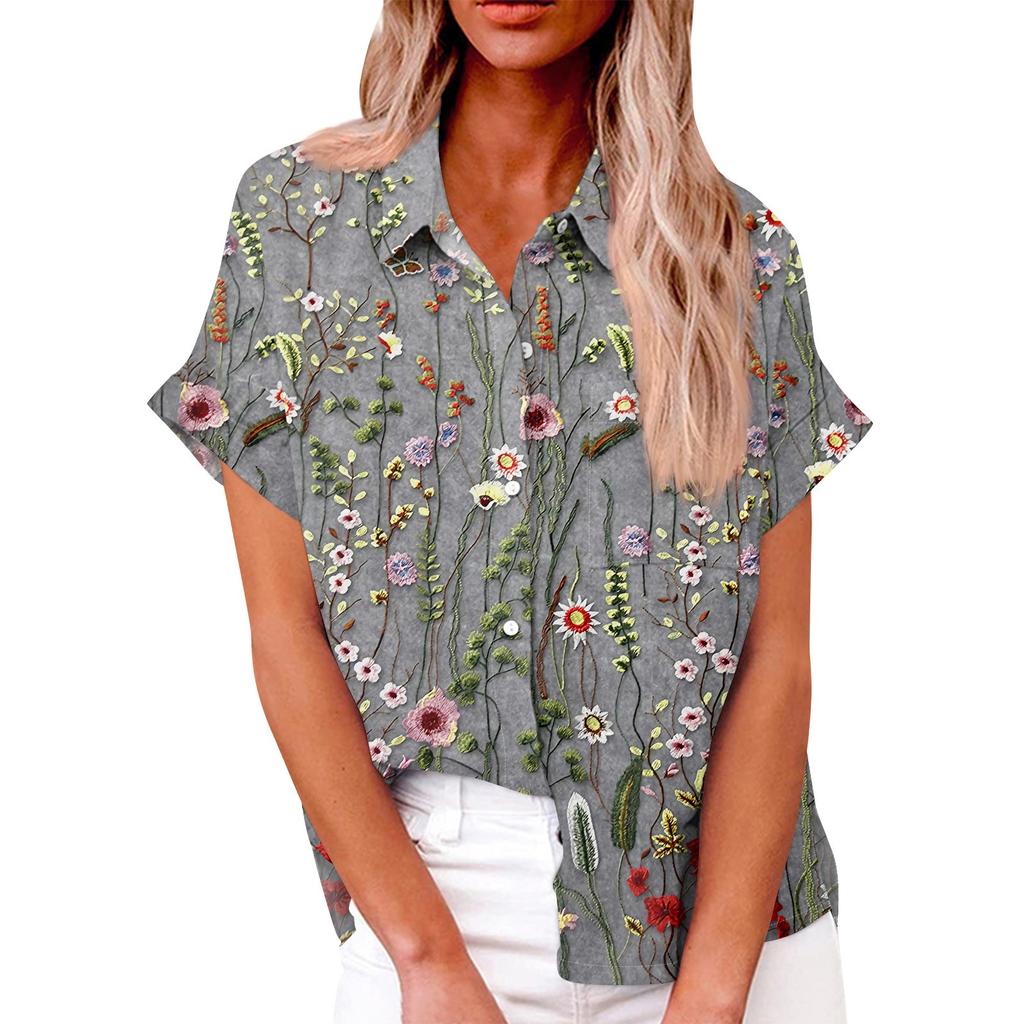 Damă, lejer, lejer, cu mâneci scurte, cu nasturi cu rever, cu imprimeu digital, cu cămașă de top cu buzunar