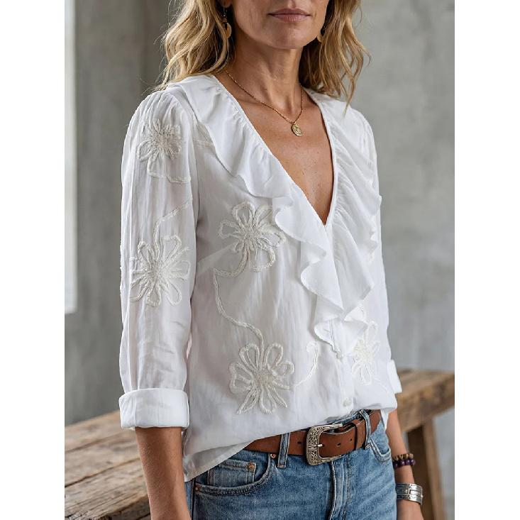 2026 New Casual Fashion Printed V-neck Ruffle Hem Shirt Solid Color Women s Top S белый
