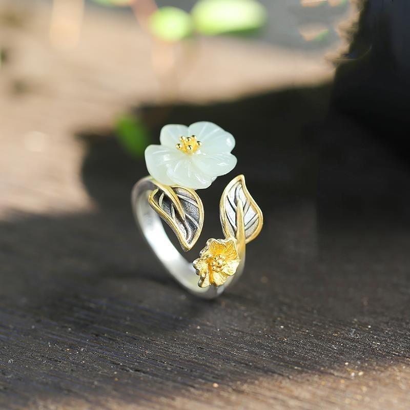 Adjustable Open Ring With Plum Blossom Motif Gold Plated Copper Vintage Boho Womens Fashion Jewelry