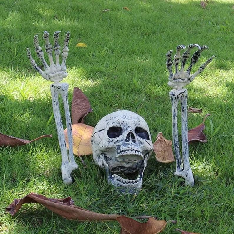 Realistic Skeleton Stakes with Crow and Red Eyes Zombie Hands and Skull Set for Graveyard Yard Lawn Garden Decoration