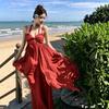 French Seaside Vacation Neck Sling Dress Women's Summer Temperament Beach Dress Solid Color Elegant and Thin A-shaped Skirt