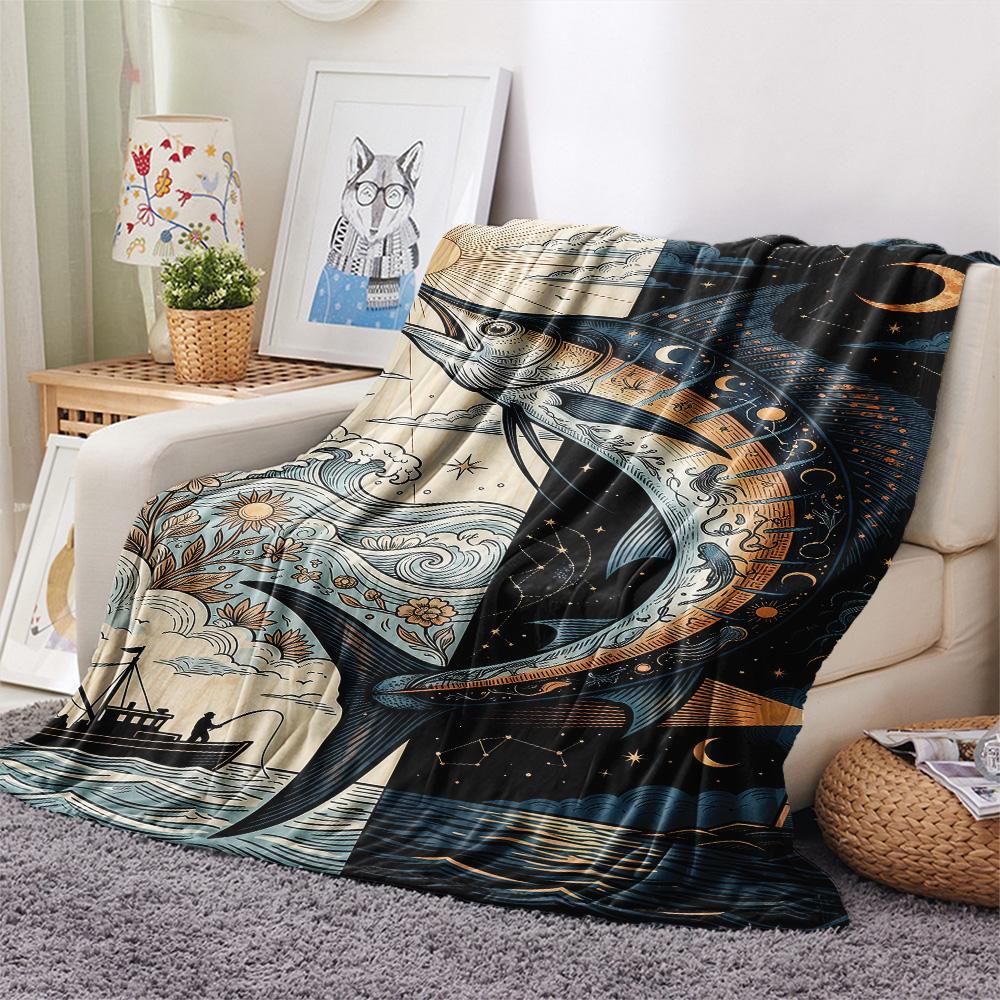 1PC Underwater World Print FlAannel Blanket, High Quality Comfortable for All Seasons, Home Decor, Warmth and Comfort