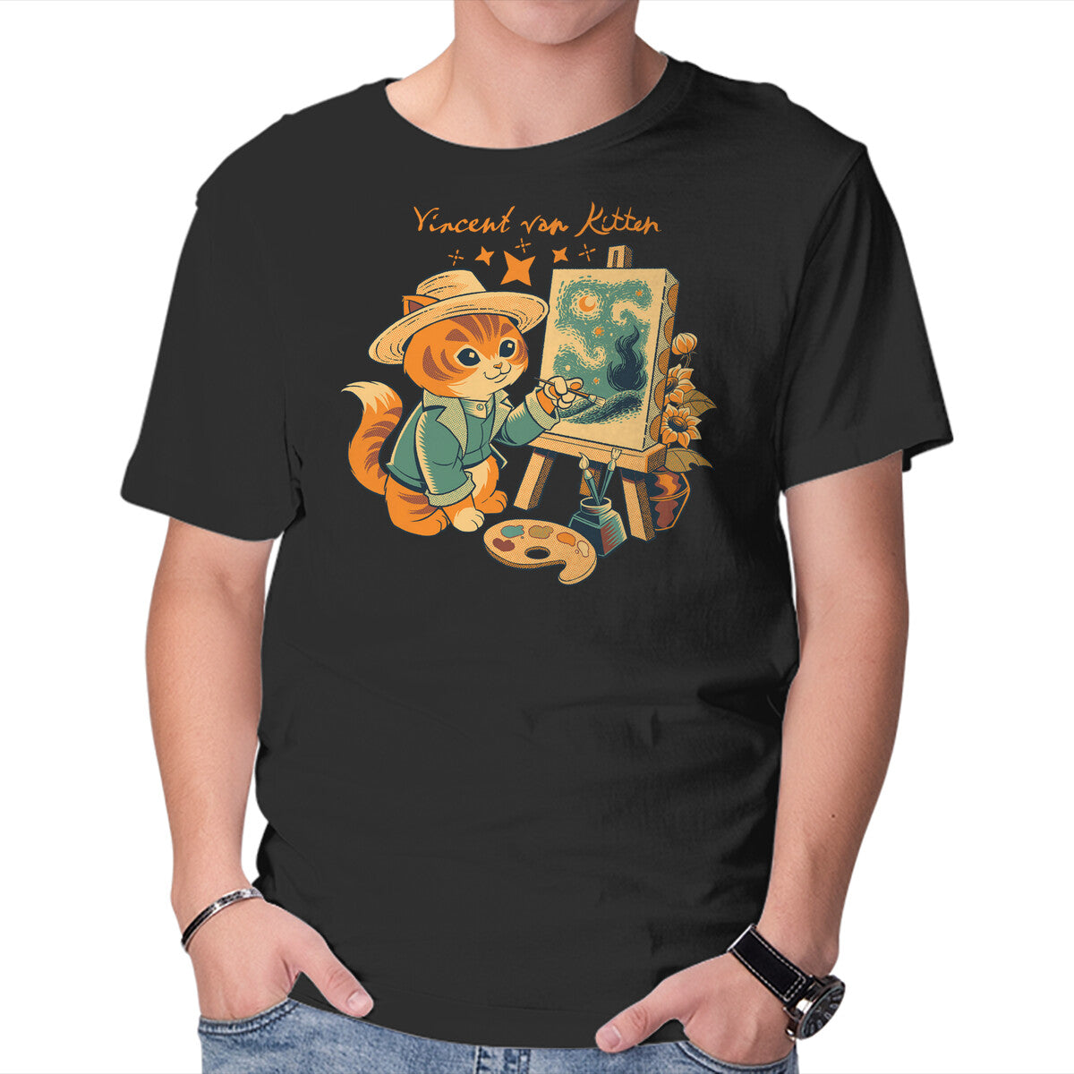 Unisex Crew Neck T-Shirt Impressionist Cat Sunflowers Graphic Short Sleeve Casual Tee XXXL