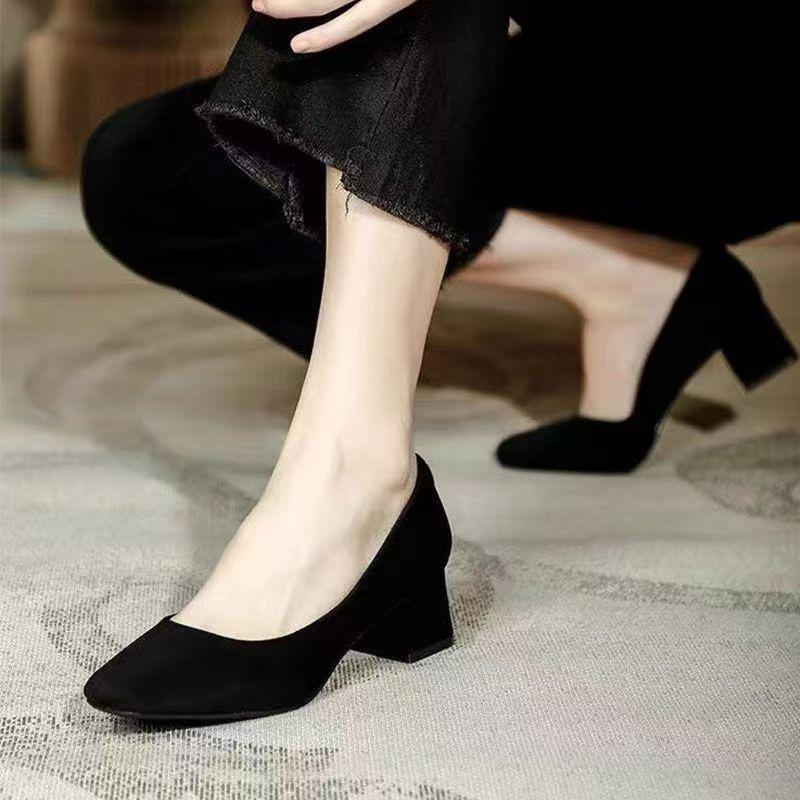 High heels women's autumn new suede versatile black professional work shoes pointed thick heel not tired feet single shoes
