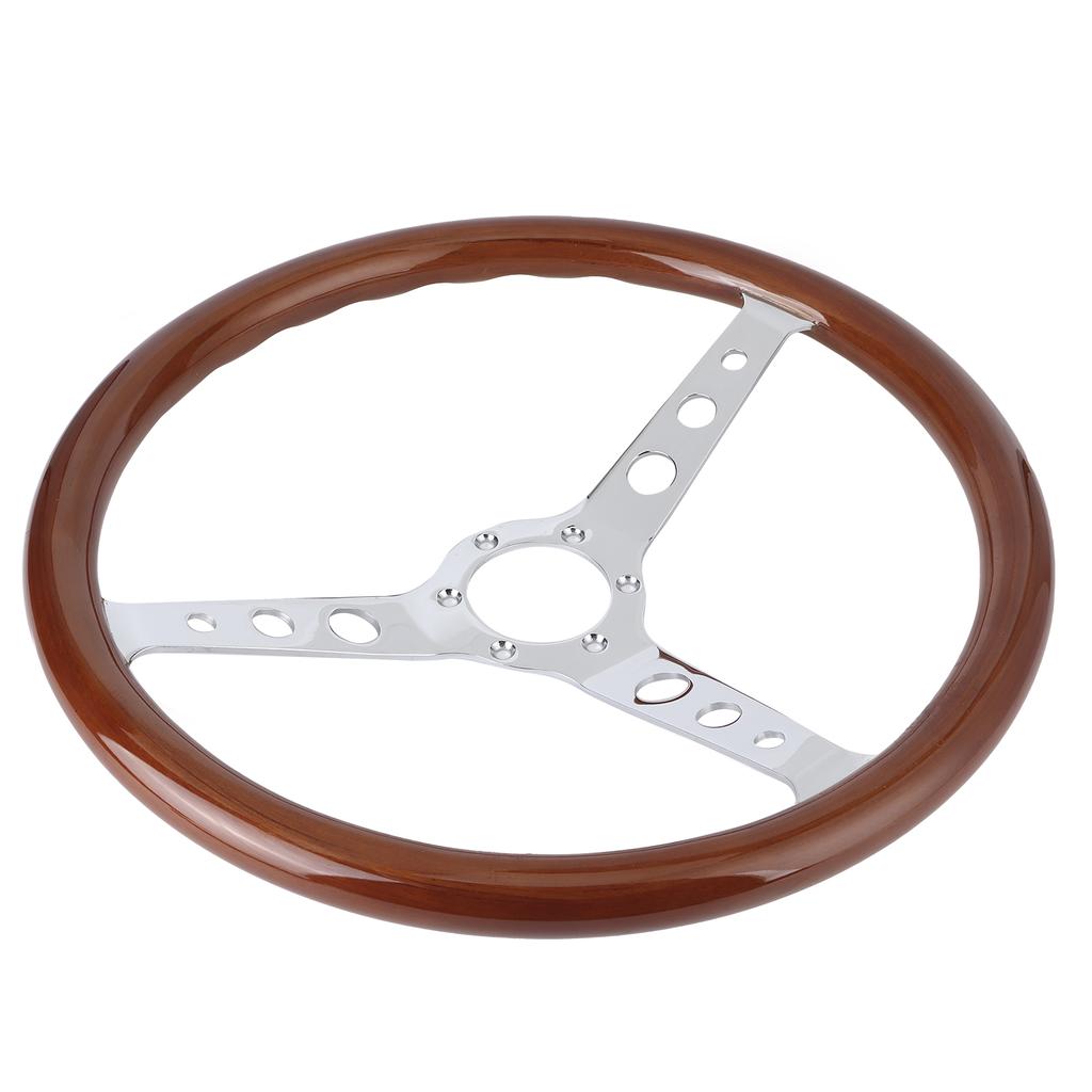 15in 6 Hole Steering Wheel Retro Mahogany Wood Grip Stainless Steel Spoke with Horn Cover Cable