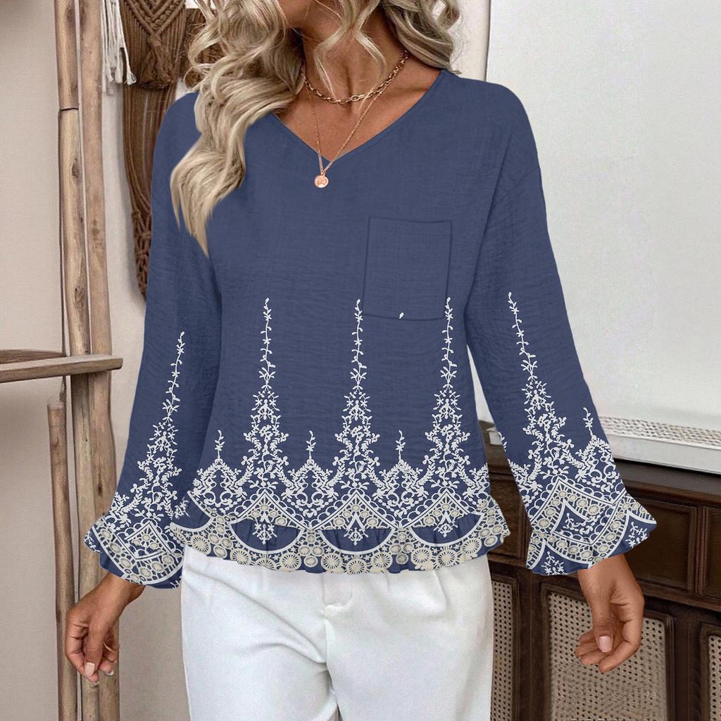 Women's Casual Fashion Ruffle V-Neck Pocket Retro Print Long Sleeve Top