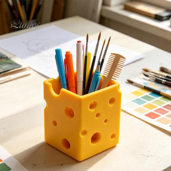 Student Desk Supplies Creative 3D Printed Cheese Pen Holder, Cute Desktop Organizer, Large Capacity Storage Box Multifunctional Ornament for