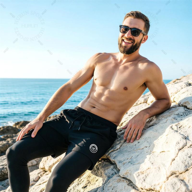 Mens Quick-Dry Surf Swim Trunks With Hidden Pocket 9/10 Length High-Elasticity Boardshorts Swimming Diving