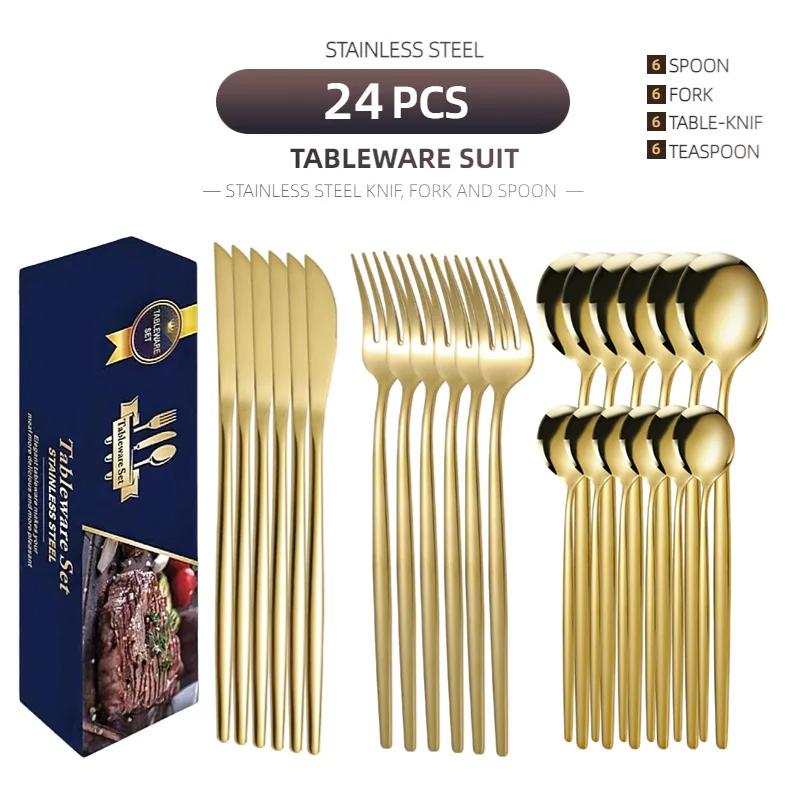 24Pcs Gold Tableware Sets Stainless Steel Cutlery Knife Tea Fork Coffee Spoon Flatware Dishwasher Safe Dinner Kitchen Dinnerware