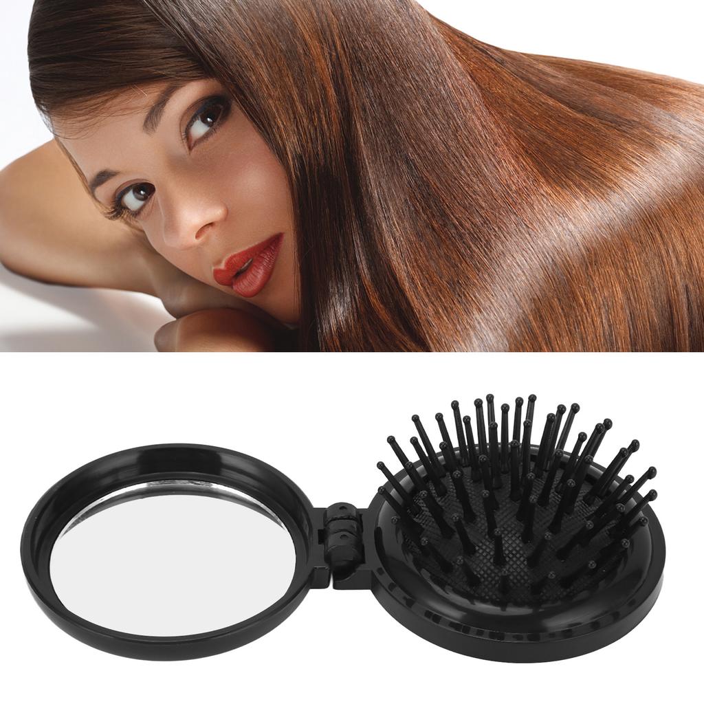 Mini Folding Mirror Hair Brush Home Travel Portable Round Pocket Cushion Hair Brush for Straight Curly Hair