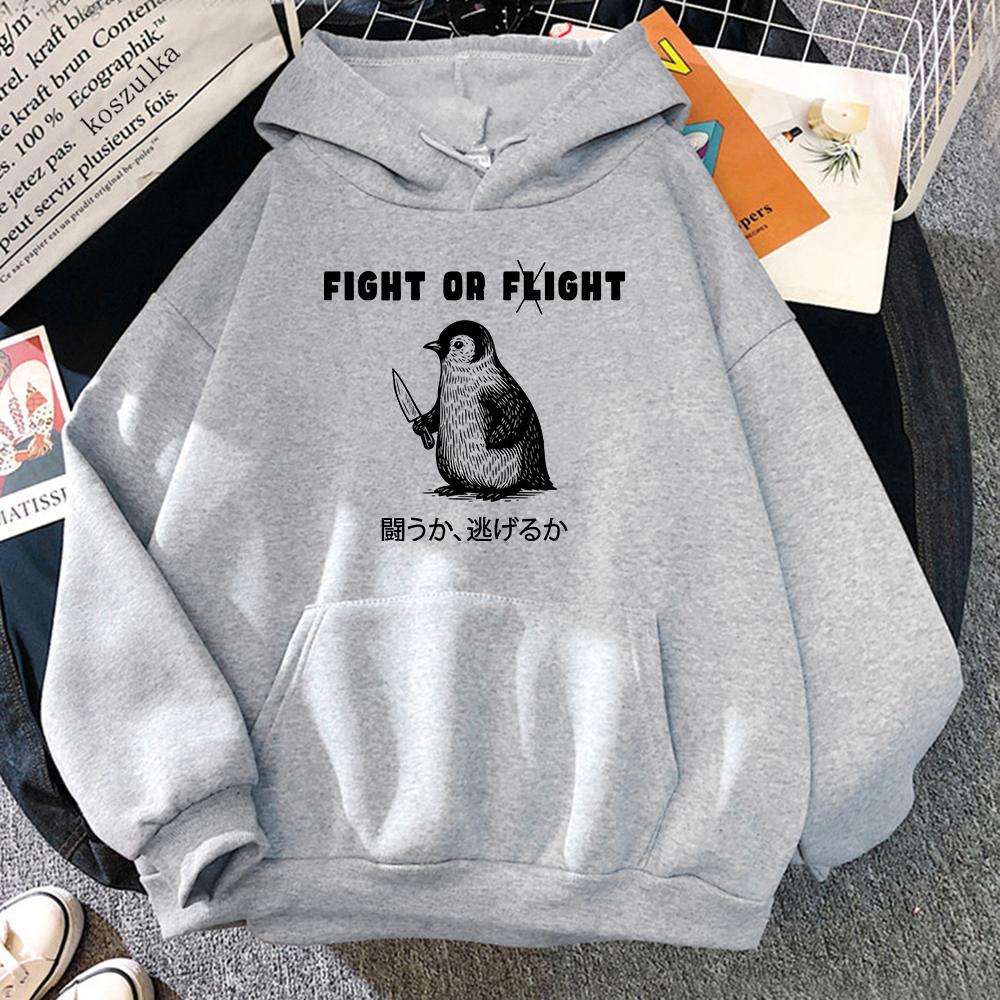 Divertente Meme Fight or Flight Pinguino con Coltello Felpa con Cappuccio Retrò Felpe da Donna/Uomo Abbigliamento Autunno Inverno Felpa Estetica Vintage