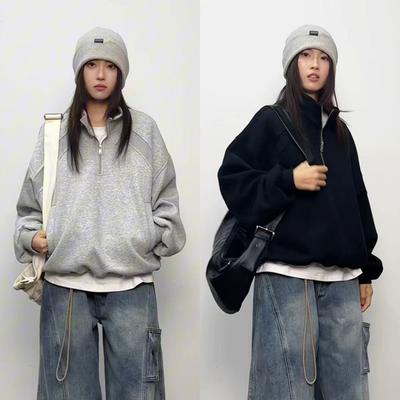 American Stand-up Collar Zipper Pullover Sweatshirt Retro Loose Street Sports Couple Top Coat