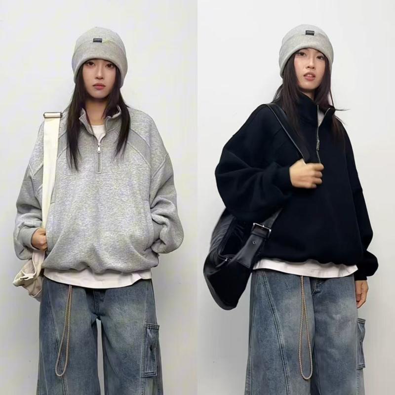 American Stand-up Collar Zipper Pullover Sweatshirt Retro Loose Street Sports Couple Top Coat
