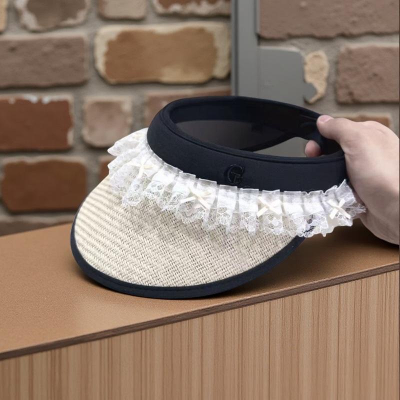 Sun Hat Summer Women's Sun Protection Lace Bow Empty Top Hat Vinyl Eaves Sun Protection Sun Hat Travel