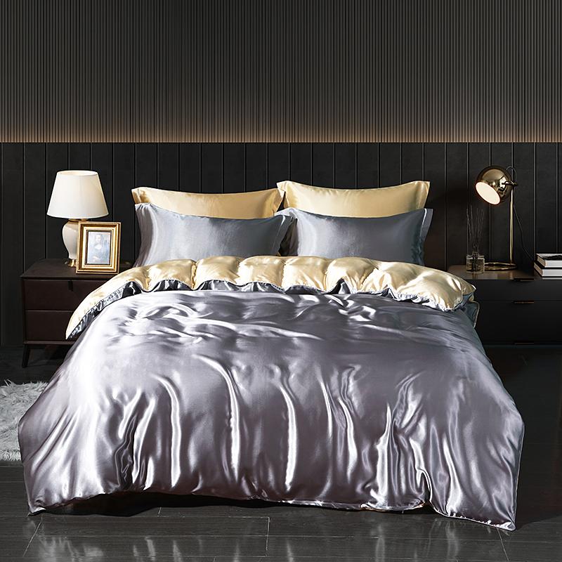 Luxury Satin Bedding Set with Flat Sheet Duvet Cover High End Bedding Set High Density Satin Solid Color Bedding
