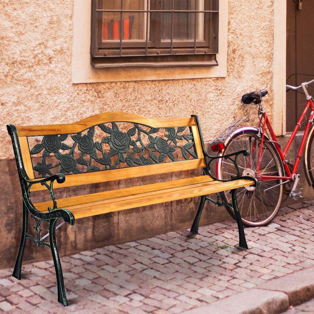 AFSTAR Outdoor Garden Bench, Patio Bench with Large Rose Cast Backrest Amp Comfort Wood Seat, 470 LBS Load Capacity, Weather Pr