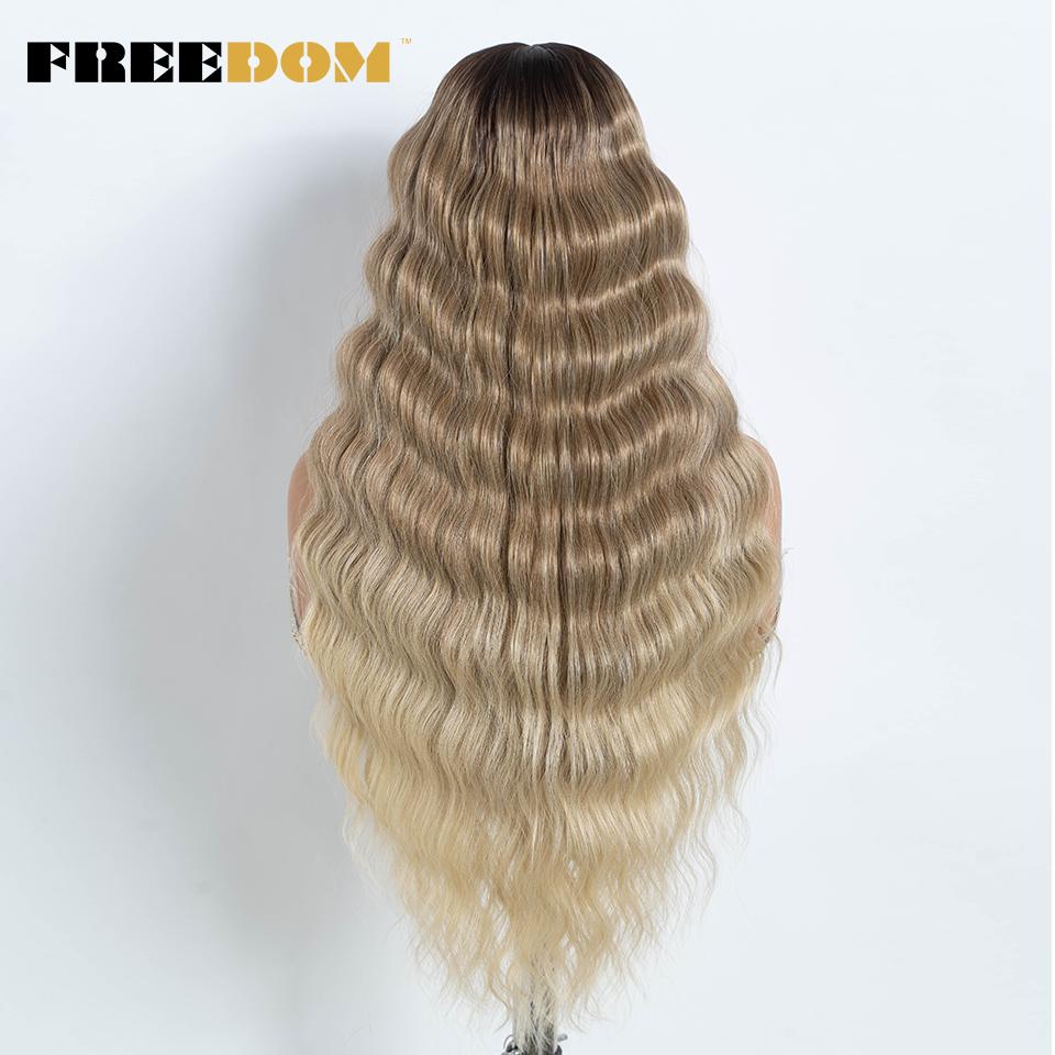 FREEDOM Synthetic Lace Front Wigs For Women 28 Inch Big Deep Wavy Wig Ombre Brown Blonde Highlight Wig Deep Cosplay Lace Wigs