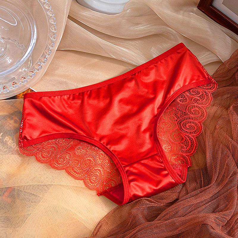 Women Bowknot Mid Waist Satin Panties Solid Color Spaghetti Strap Lace Briefs Hollow Out Seamless