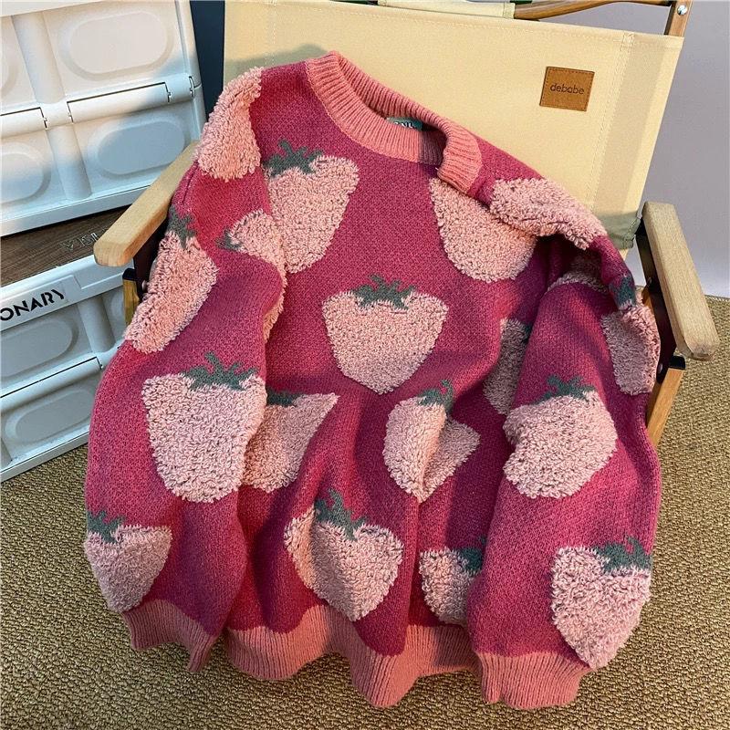 Sweater Pullover Strawberry Sweater Women Chic Hong Kong O Neck Knit Sweater 2022 Autumn and Winter Pullover Sweater Female