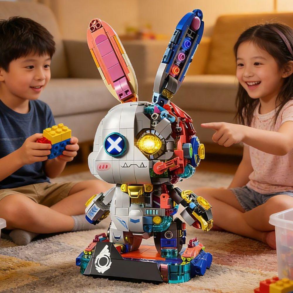 TOYLINX 1377pcs Cyberpunk Mechanical Rabbit Building Blocks LED Light Up Brick Collectible Adult Puzzle DIY Toy Desktop Ornament