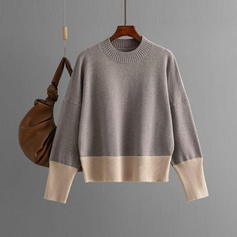 Navava Daily Simple Color Block Round Neck Long Sleeve Knit Tee Nk2678