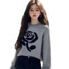 Elegant Rose Pattern Round Neck Pullover - 2025 Spring Knit Sweater for Women