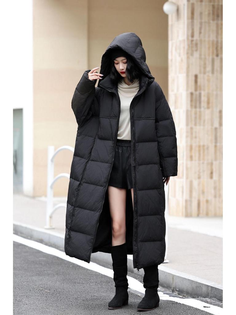Dam 2025 Vinter Lång Dunjacka med Huva - Koreansk Stil, Tjock, Enfärgad, Kappa över Knäna
