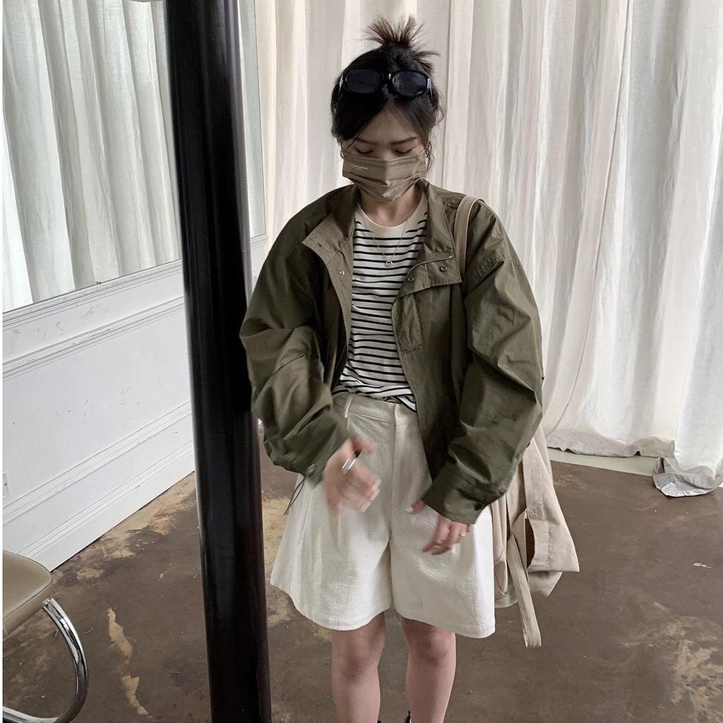 Army Green High-Waist Stand-Collar Windbreaker - New Autumn and Spring Style Jacket