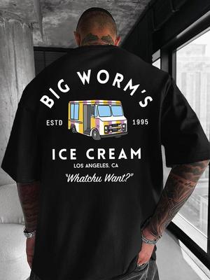 Unisex Cartoon Eiswagen & Buchstaben-Print Rundhals-T-Shirt, Lockerer Streetwear Lässiges Kurzarm-T-Shirt