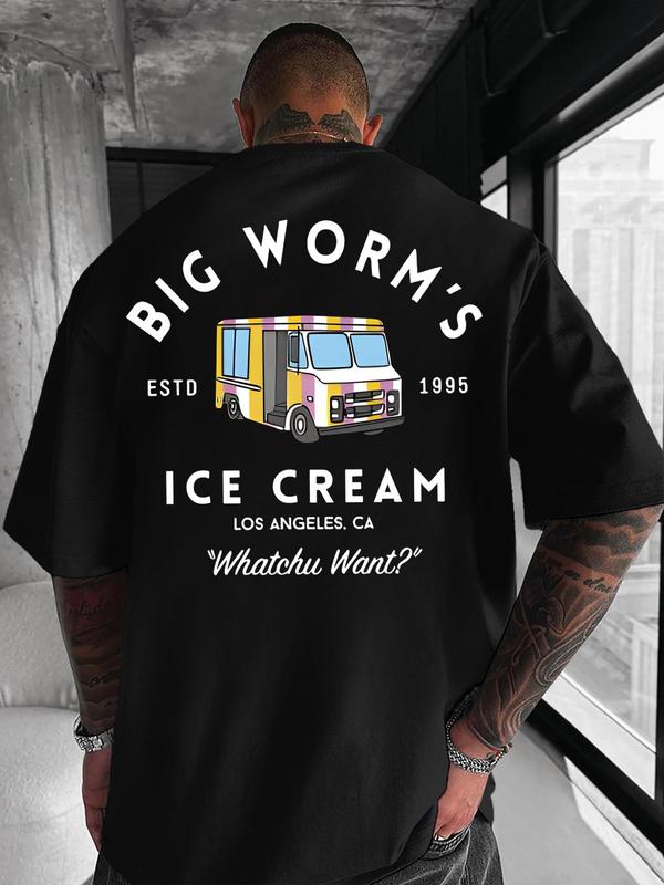 

Unisex Cartoon Ice Cream Truck & Letter Print Round Neck T-Shirt, Loose Street Fashion Casual Short Sleeve T-shirt S