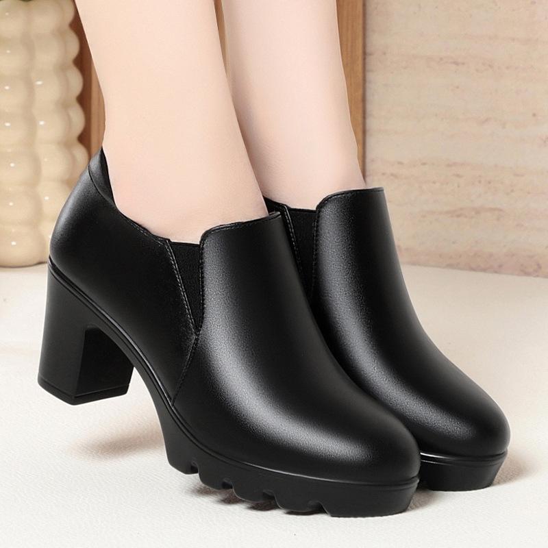 Round Head Deep Mouth Single Shoes Women's High Heel Thick Heel Versatile Spring and Autumn New Thick-soled Waterproof Table Women's Leather Shoes