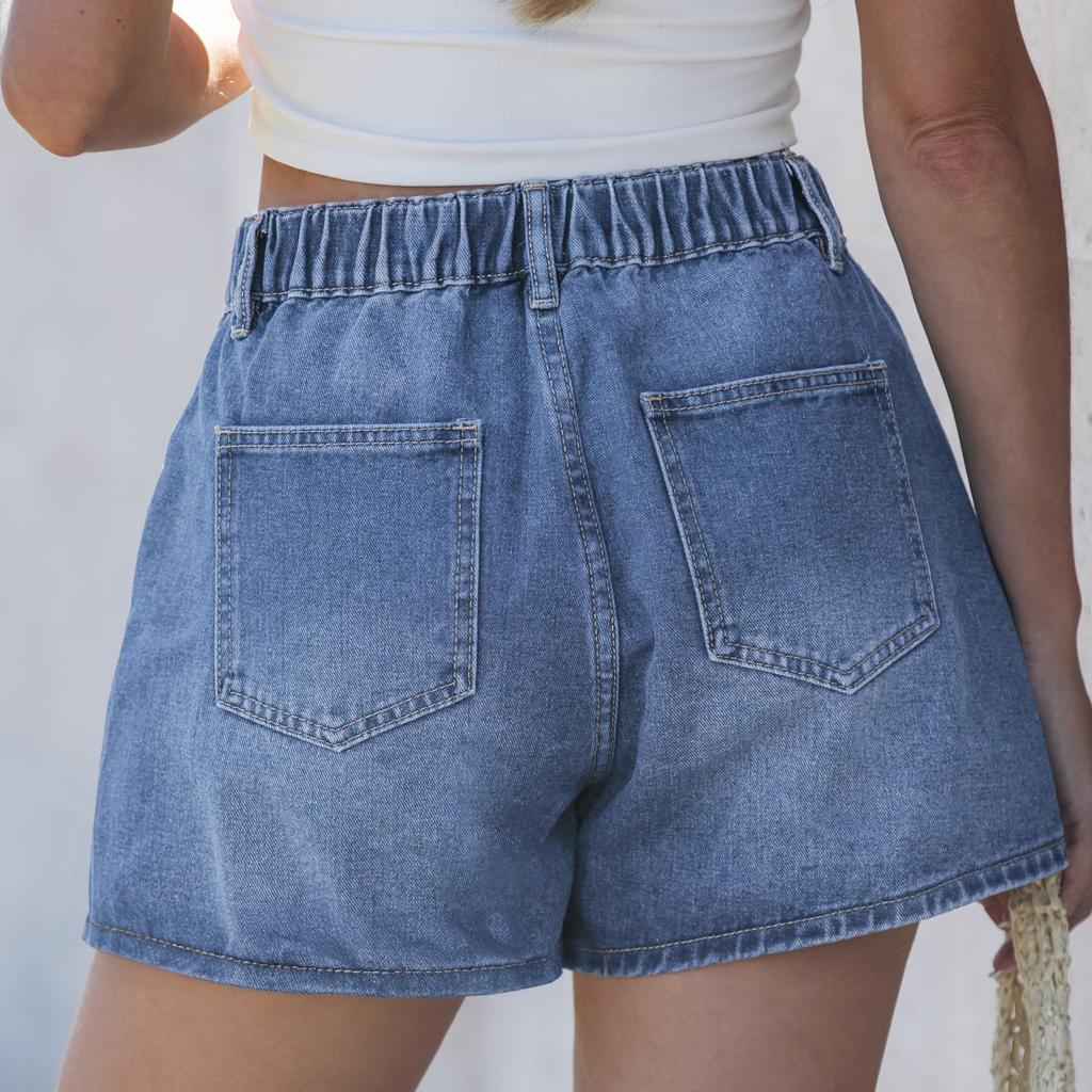 High Waist Denim Shorts for Women Relaxed Fit Elastic Waistband Button Closure Casual Summer Shorts with Pockets