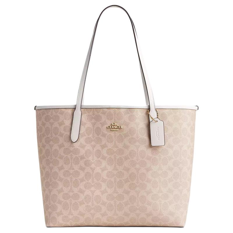 COACH City 33 classic presbyopic snap closure tote bag tote bag shopping bag coated canvas portable shoulder bag large size women's sand color