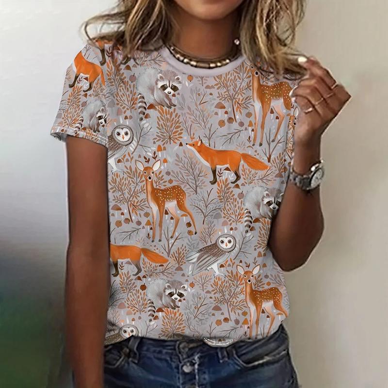 Moda Donna Girocollo Manica Corta Stampa Animale Colorata 3D T-shirt Manica Corta Girocollo con Animali