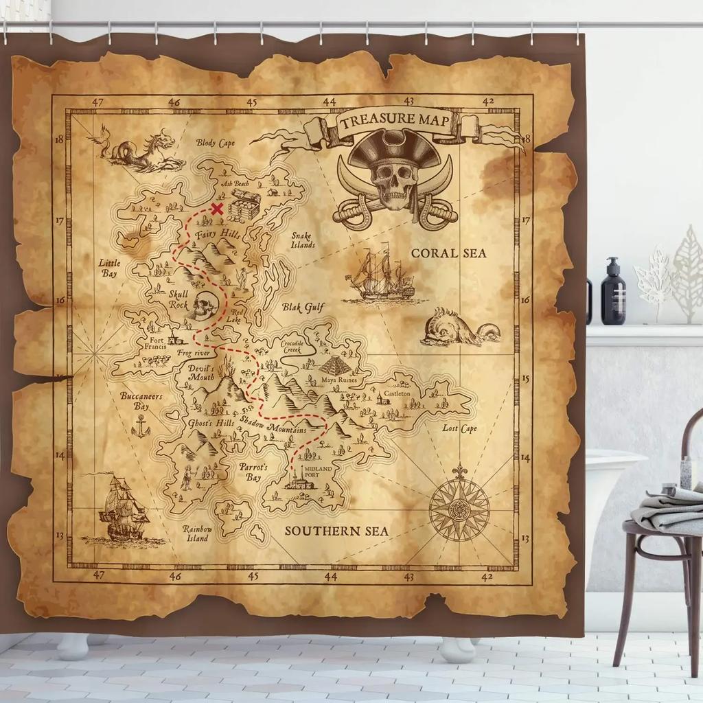 Midden-aarde Kaart Douchegordijn Bergen Vintage Kaart Badkamer Gordijnen Schatkaart Douchegordijn Waterdicht Badkamer Decoratie
