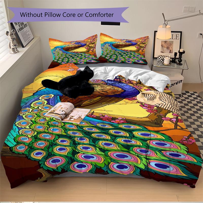 3pcs Peacock Feather Duvet Cover Set - Includes 1 Duvet Cover and 2 Pillowcases, No Quilt Core, All-Season Home Decor yy251111084