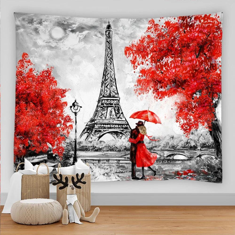 Paris Tapestry Backdrop  Wall Art Eiffel Tower Photo Banner Background European City Landscape Pink  Hanging Decor