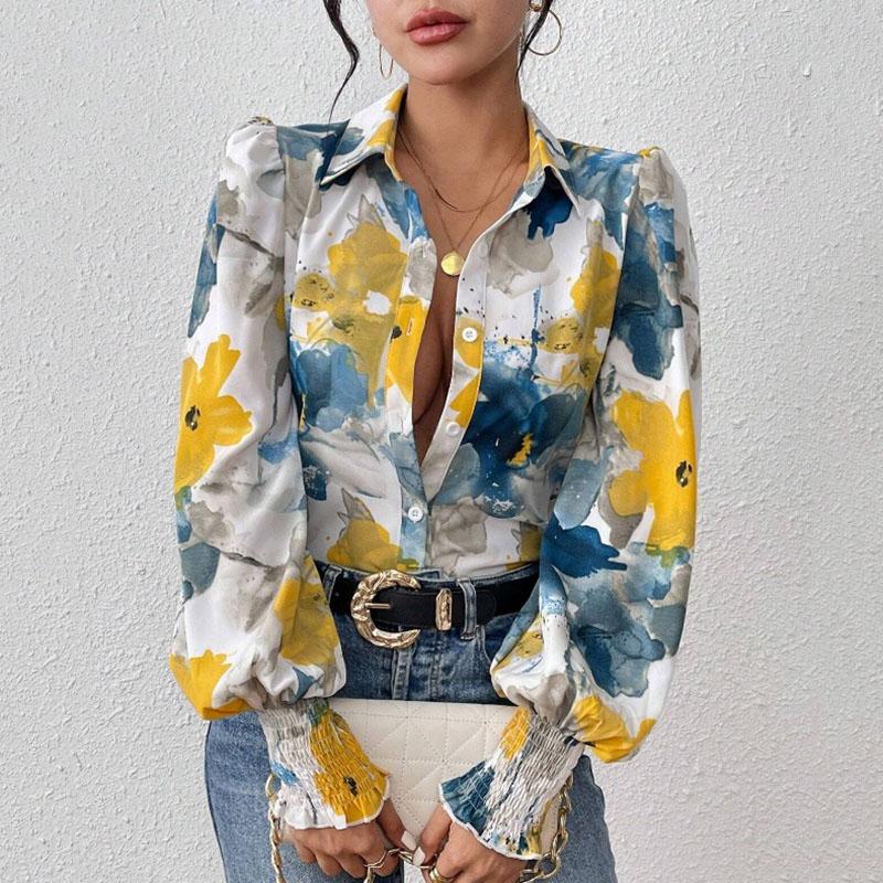 Ladies Spring Summer Lantern Sleeve Flower Printed All Match Shirt Top