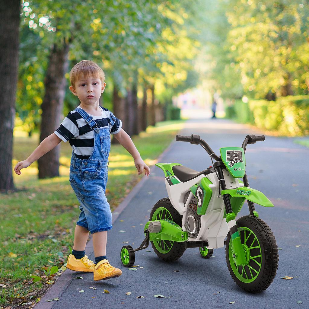 Moto per Bambini, Moto Elettrica, Autonomia 45 Minuti, con Rotelle di Supporto, da 3 Anni, Verde+Bianco, 106,5 x 51,5 x 68cm