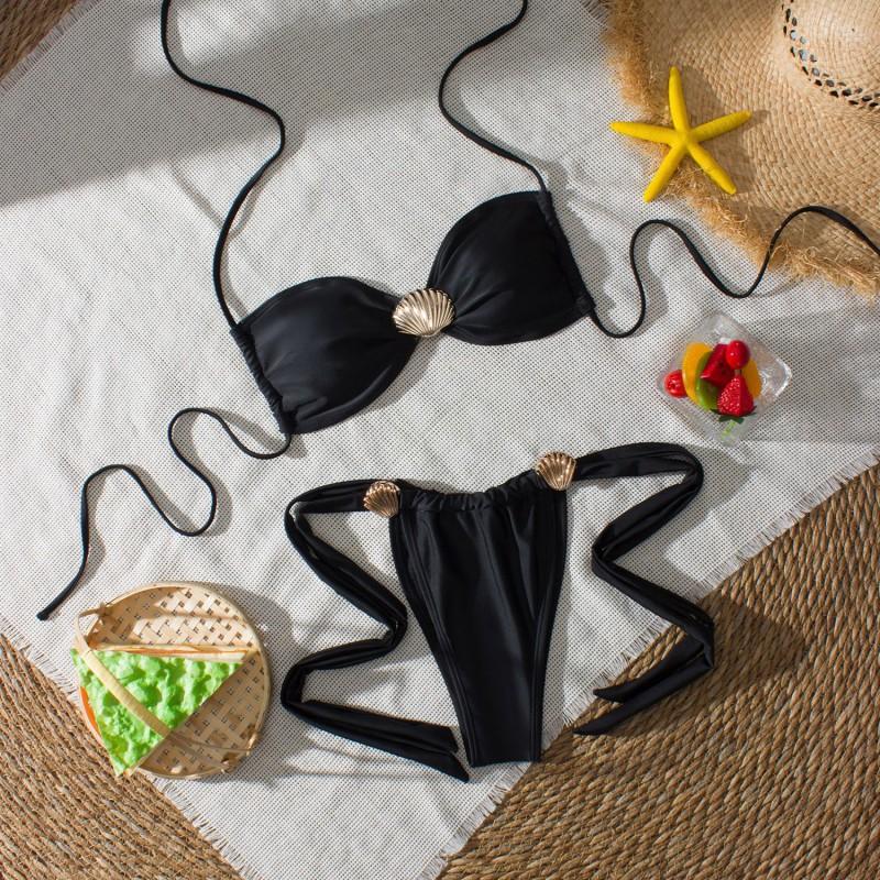 

Metal Shell Decoration Solid Color Lace Sexy Cute Party 2026bikini Set XL чёрный