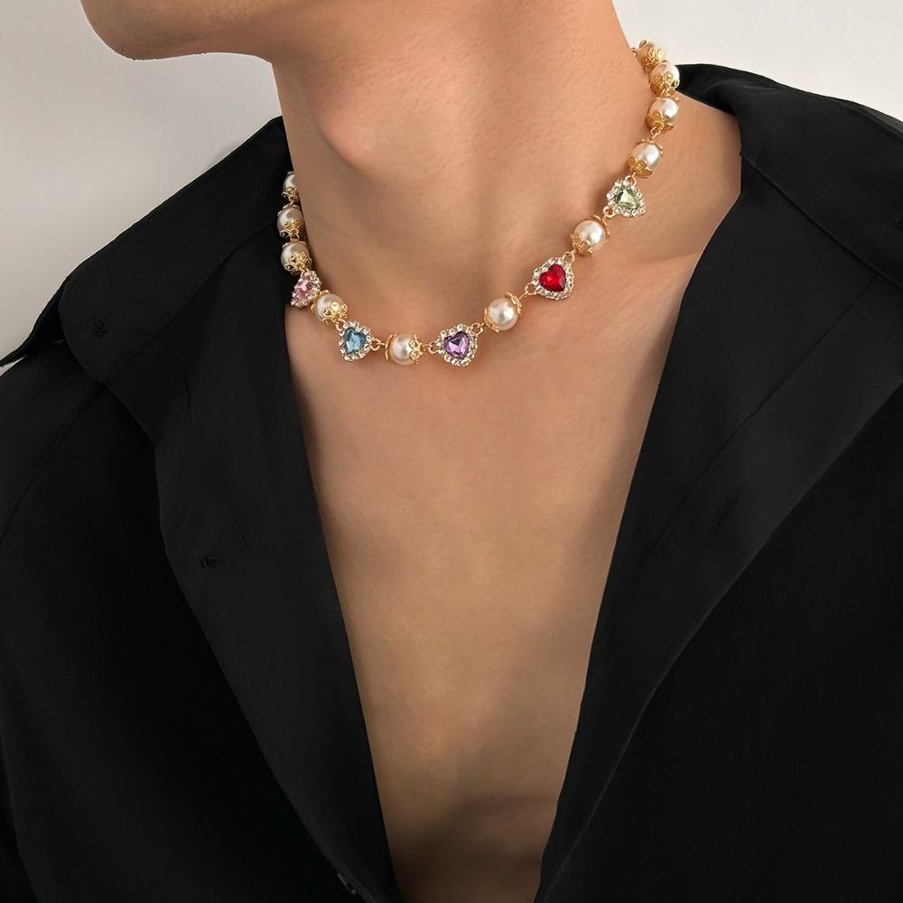 Ethnic Style Colorful Rhinestone Choker Beads String Imitation Pearl Clavicle Chain  Hip Hop