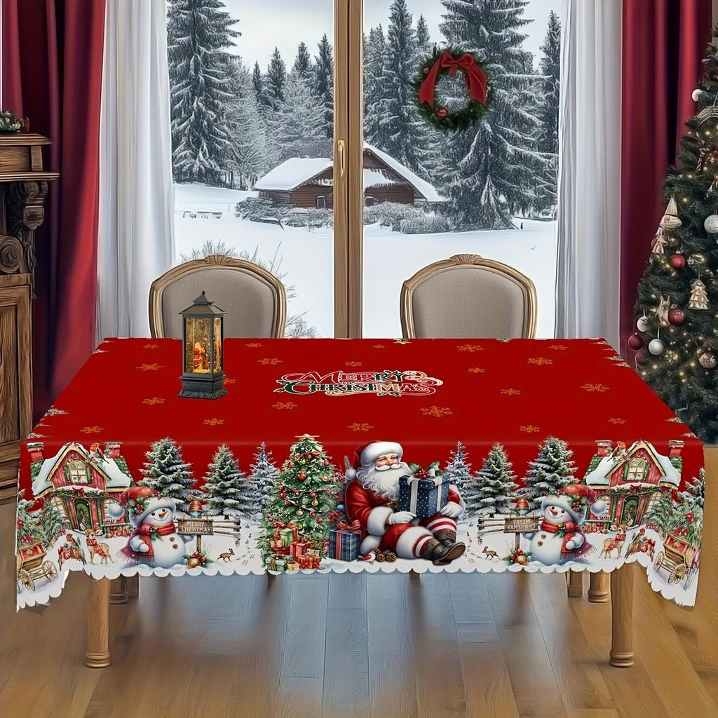 Christmas Tablecloth with Winter Snowman, Reindeer, and Xmas Tree Designs - Digital Print Fabric for Dining Table and Festival Decor