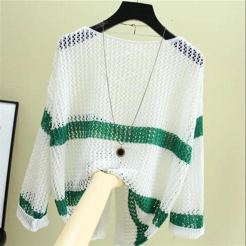 

Свободные солнцезащитные топы из ледяного шелка Тонкие полые вязаные блузки Женские повседневные топы Индивидуальные полые милые пуловеры с цветными блоками Свободные полосатые S