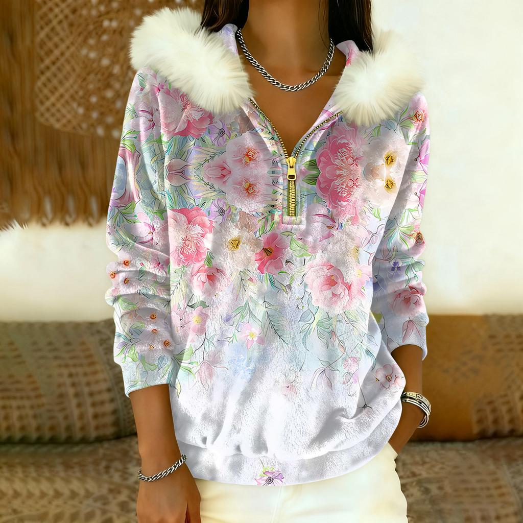 Lässiges und bequemes Damen-Freizeit-Top mit Kapuze, halbem Reißverschluss, langen Ärmeln und klassischem Aufdruck