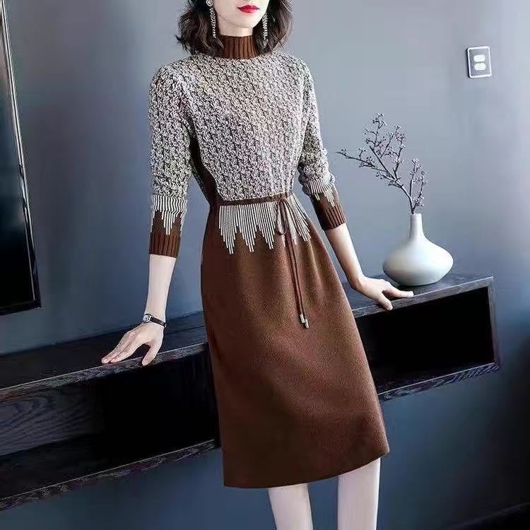 Autumn and Winter Knitted Dress Women's Waist-cinching and Stylish Knitted Sweater Dress Casual Half Turtleneck Sweater