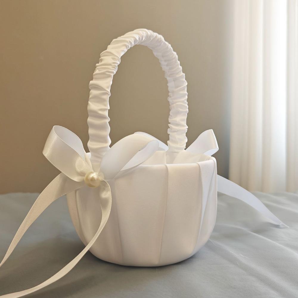 20 Cm White Flower Girls Basket Silk Kids Hand Held Wedding Basket Pearl Bow Wedding Remony Party Decorations